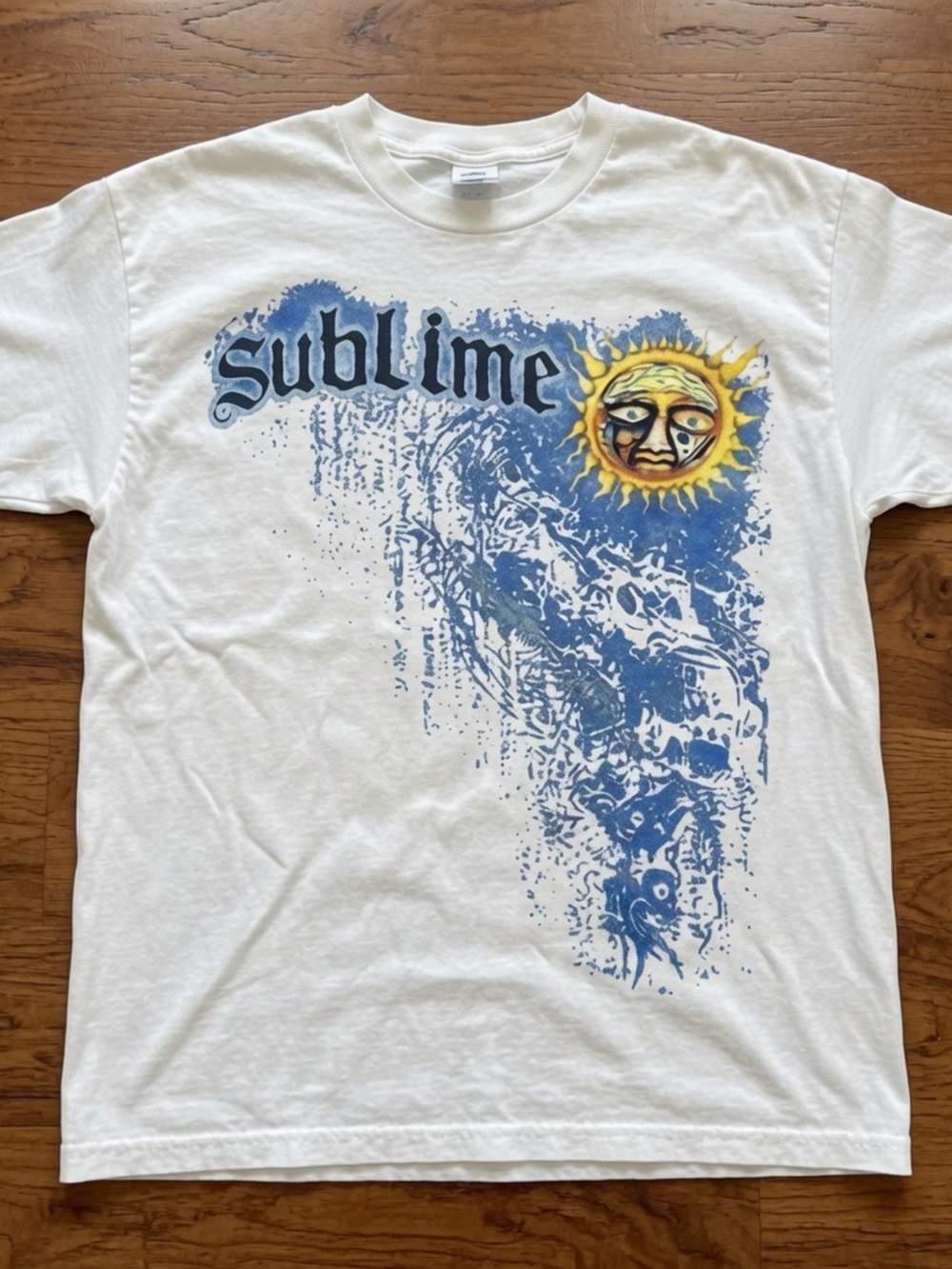 Gildan White Sublime Band Tee with Blue Graphic and Yellow Sun
